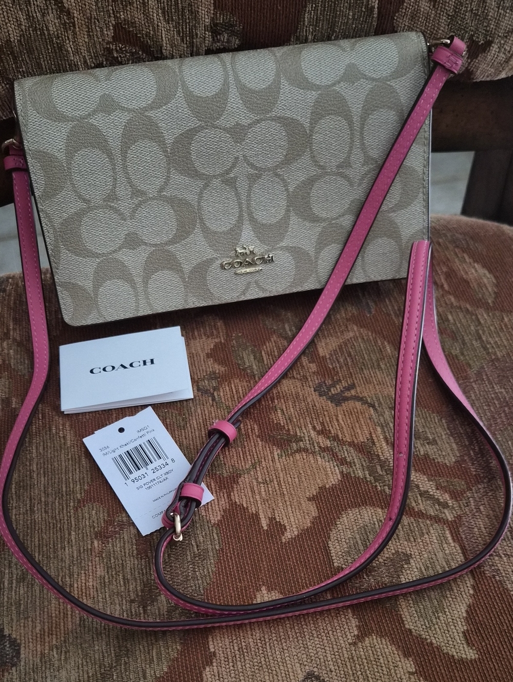 Coach Signature Coated Canvas Khaki/Pink Foldover Clutch Crossbody Bag